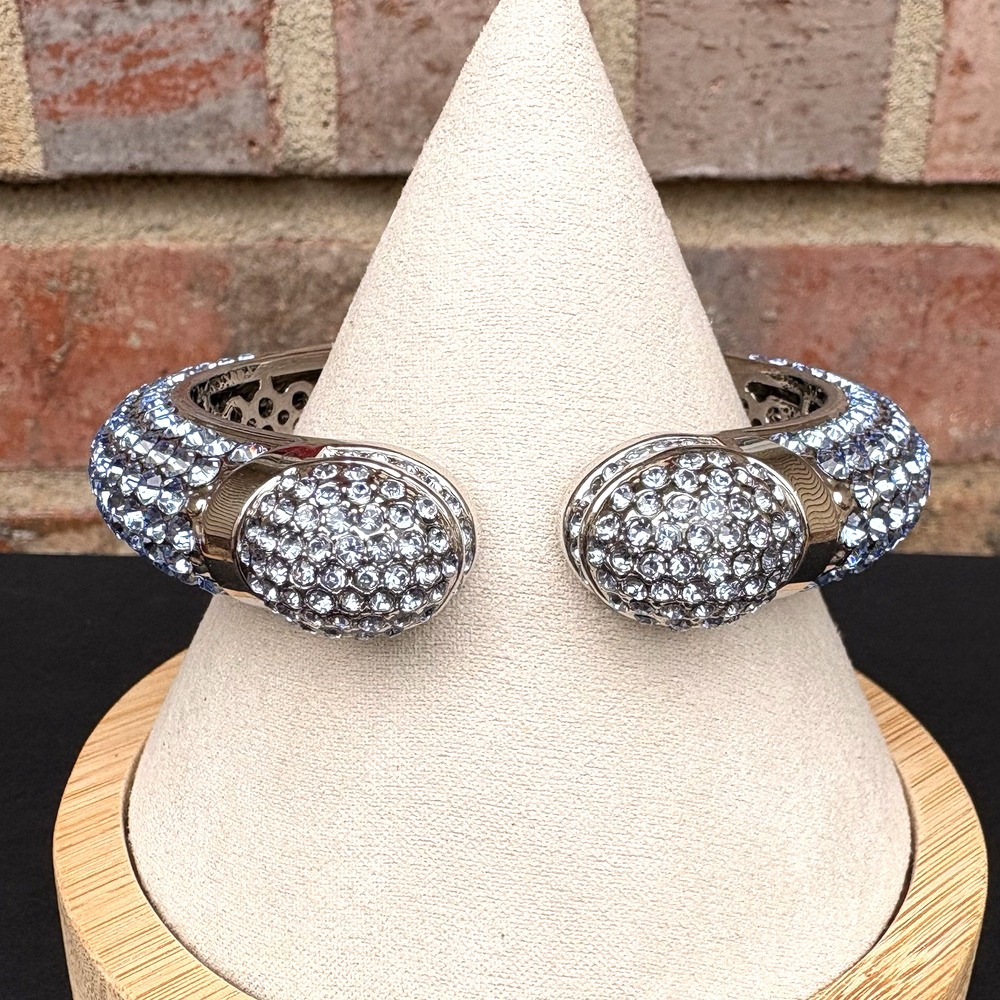 Joan Boyce Cuff Bracelet Blue Pavé Crystals Silver Tone Hinged‎ Chunky 6.75"